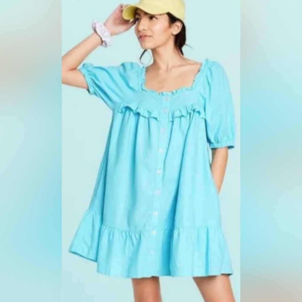 Light Blue Ruffled Button-Down Dress